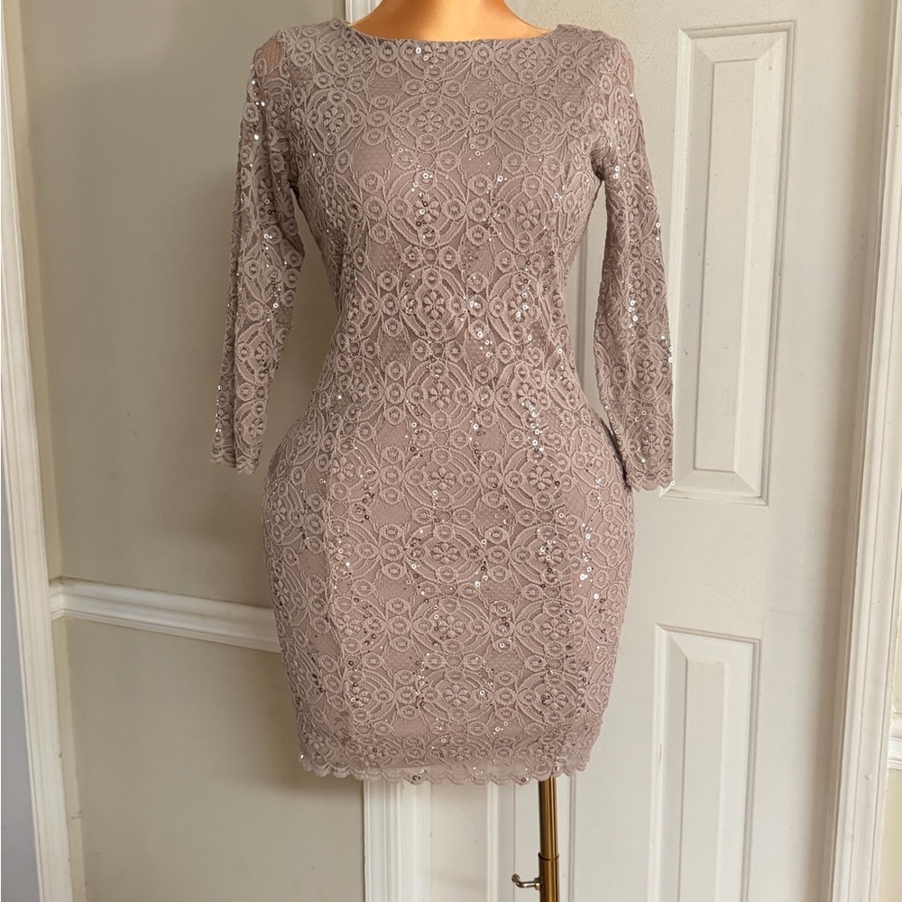 Tiana B. Taupe Lace Sequin Midi Dress